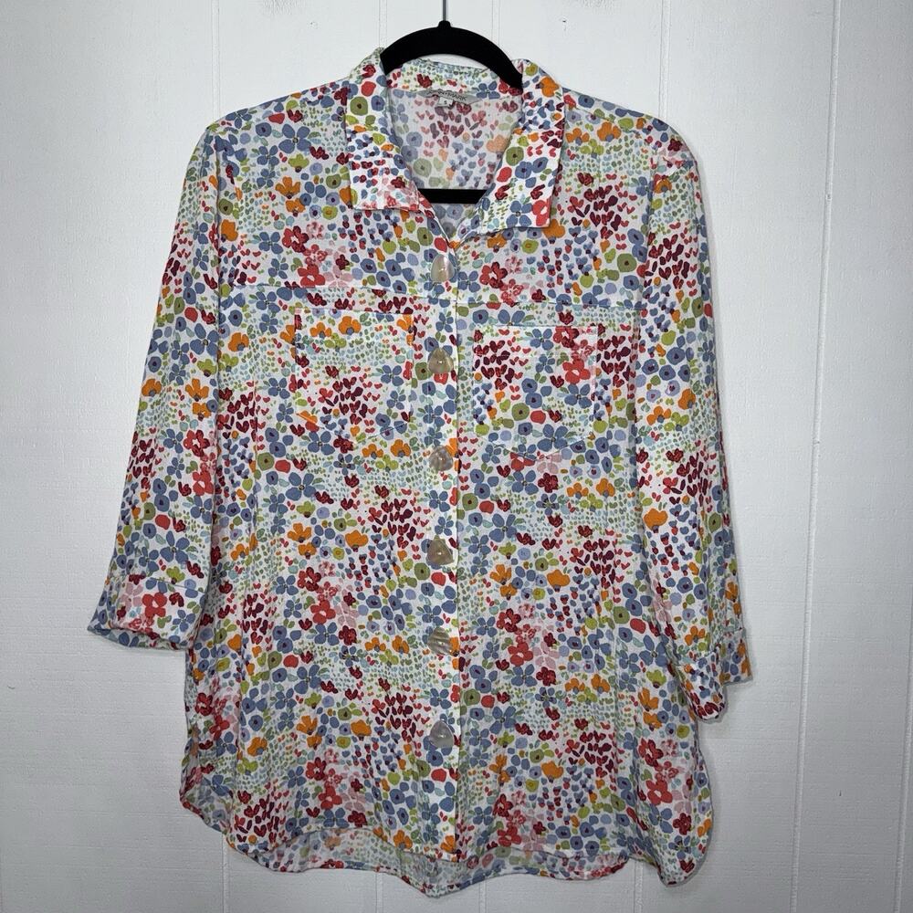 John Mark Women’s Floral Button Up Top 3/4 Sleeve Multi Color Size Small